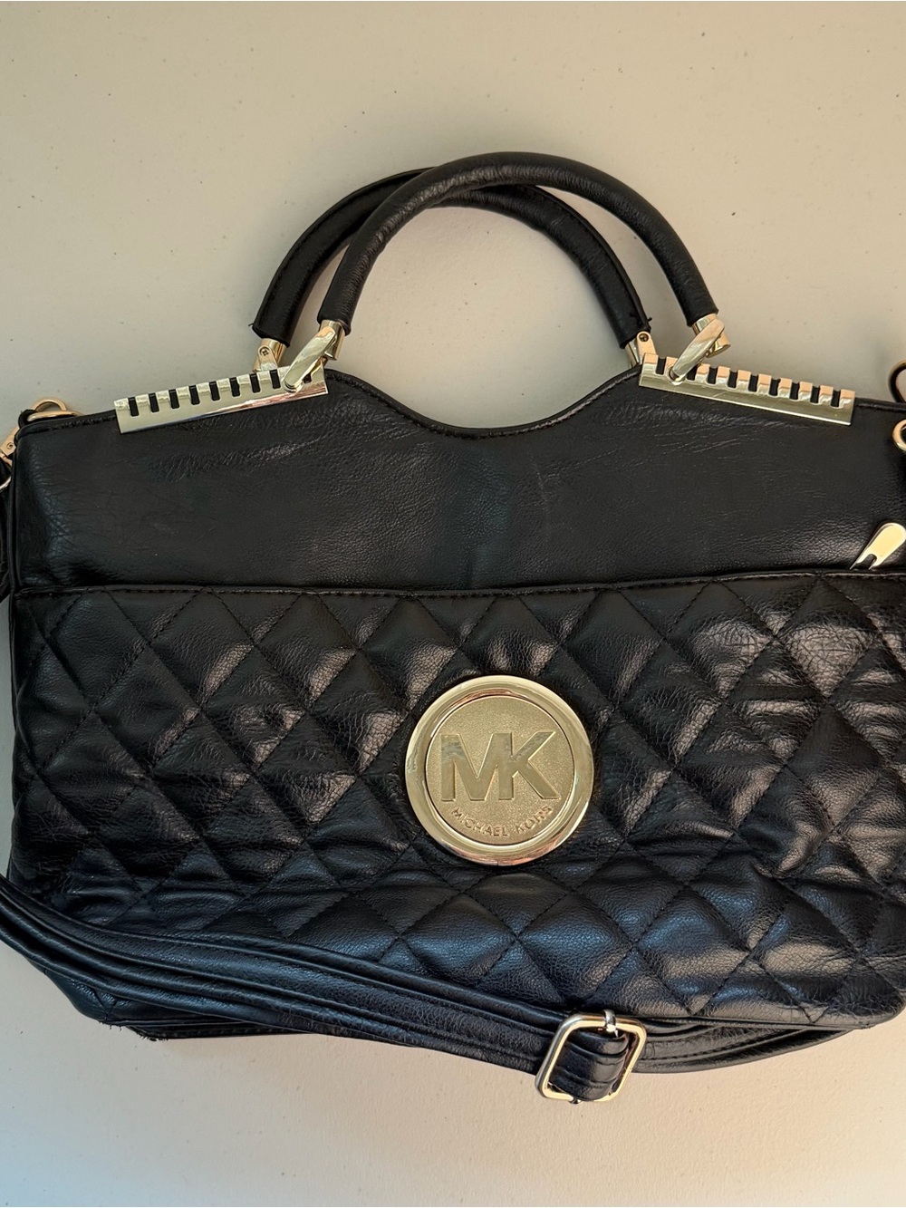 Michael Kors Black Quilted Satchel Handbag Gold MK Medallion Shoulder Strap